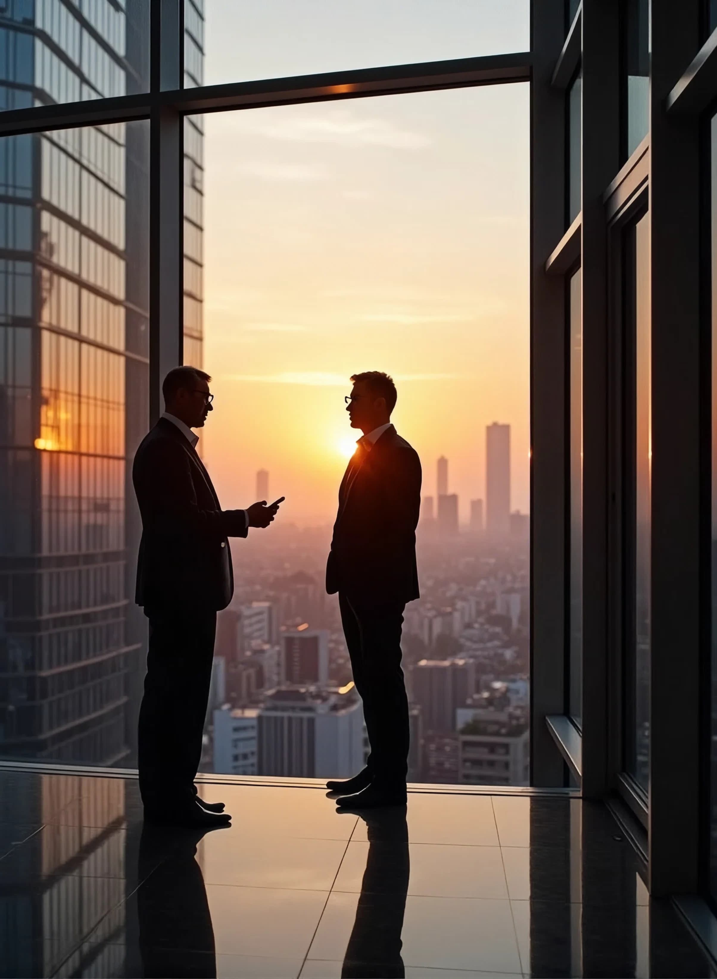 Two business people talking by a window overlooking the city at sunset